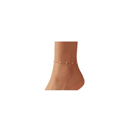 Image of NONAMOIS Ankle Bracelets for Women Dainty 18K Gold Plated Anklet Waterproof Round Beaded Paperclip Herringbone Pearl Chain Anklets Waterproof Beach Foot Jewelry