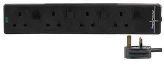 rhinocables 4 Gang Individually Switched Mains Extension Lead Cable, Surge Protected Power Strip Extender with 4 Sockets and Cord, 13 Amp Trailing Socket for Dual 3 Pin UK Plug (Black, 5m) — image 1