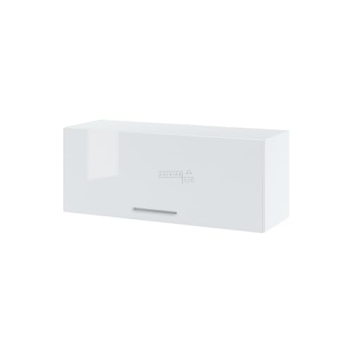 Cuisineandcie - Meuble Haut de Cuisine Bellissi Blanc Brillant, Porte Relevable L 90cm + Étagère, Armoire de Rangement