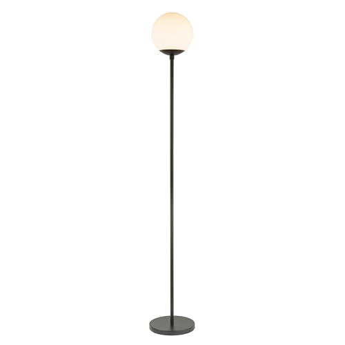 Happy Homewares Modern Matte Black Standing Floor Lamp with Opal White Globe Glass Shade and Foot Switch Button | 170cm x 25cm | 1 x 11w