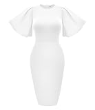 Memoriesea Women's Basic Bodycon Ruffle Flared Short Sleeve Pencil Midi Dress White