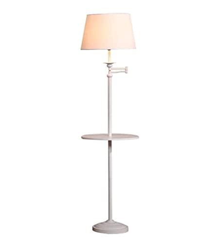 Lampadaire salon en tissu et fer blanc au design vertical épuré avec plateau