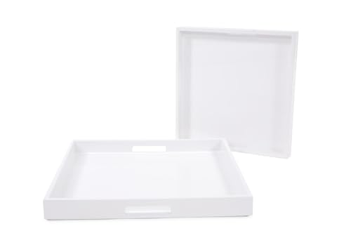 Image of Howard Elliott Collection Premium Wooden Serving Tray with Handle, Glossy White Finish Decorative Square Wood Tray Set Platters for Ottoman, Breakfast, Parties, Weddings, 20 x 20 Inch