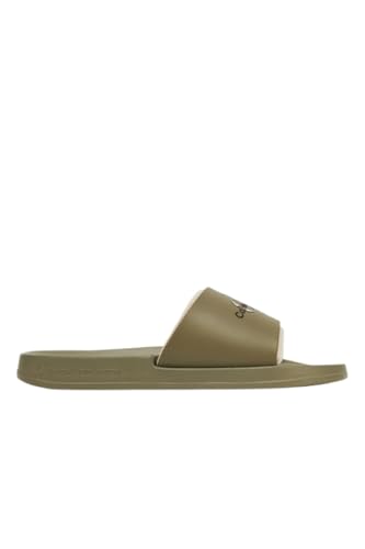 Calvin Klein Men's Logo Slides, Mermaid/Eggshell, 7.5 US