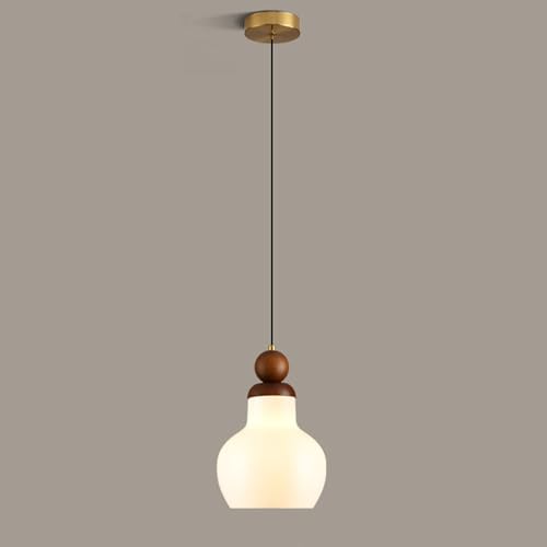 Lámpara colgante de nogal con pantalla de cristal blanco elegante y diseño industrial