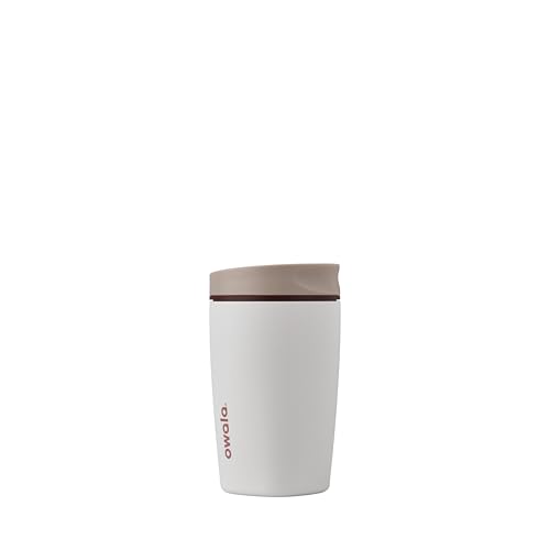 Owala SmoothSip Slider Insulated Stainless Steel Coffee Tumbler Reusable Iced Coffee Cup Hot Coffee Travel Mug BPA Free 355ml Tan/White (Vanilla Bean)