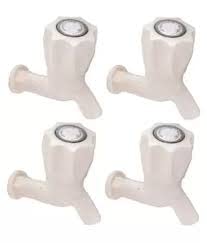Polo White PVC Plastic Short Body Bibcock, Water Tap for Kitchen, Bathroom Wash Basins Polished Finish Set of 4