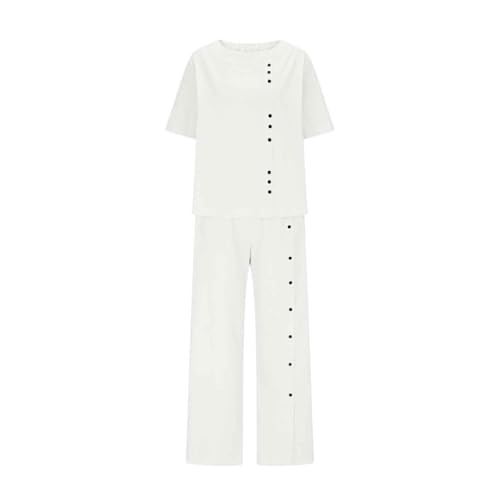 Oplxuo 2 Piece Lounge Set Women Cotton Linen Short Sleeve Button Tee Shirt Wide Leg Pants Casual Summer Loungewear Pants Sets4