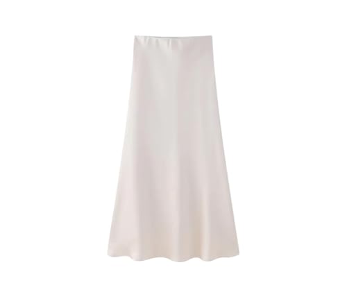 Woman Satin High Waist Midi Skirts Solid Slim Fit Elastic Waistband Simple A-Line Long Skirt