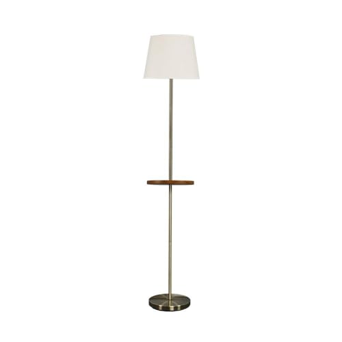 Pie de salón de acero, casquillo E27, pantalla beige, con mesita auxiliar integrada, dimensiones 168x30x30 cm, ideal para iluminación y funcionalidad en espacios.