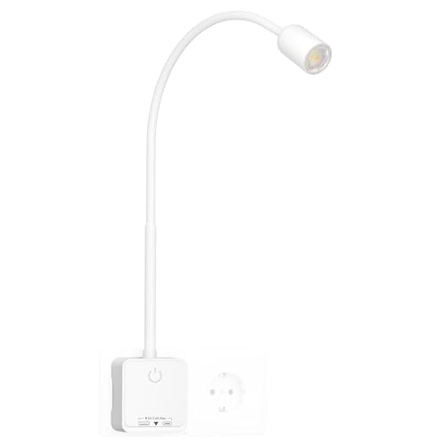 PRINCEWAY Lampe de Lecture Chevet Chambre LED Dimmable Tactile, Applique Murale Intérieure Blanche avec Prise, Charge de Sortie USB, 3 Modes de Couleur Eclairage, Angle...