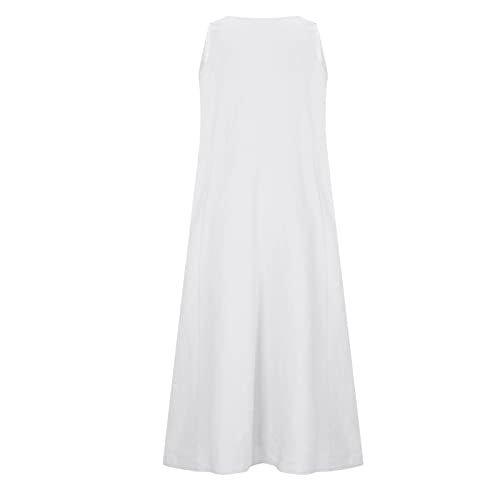F-245 Vestidos femininos brancos de manga curta folgados com decote em V em linho falso praia lounge