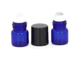 COBALT BLUE 1ml Glass Micro Mini Roll on Roller Bottles with Stainless Steel Roller Balls and Flat Black Caps 144 each.
