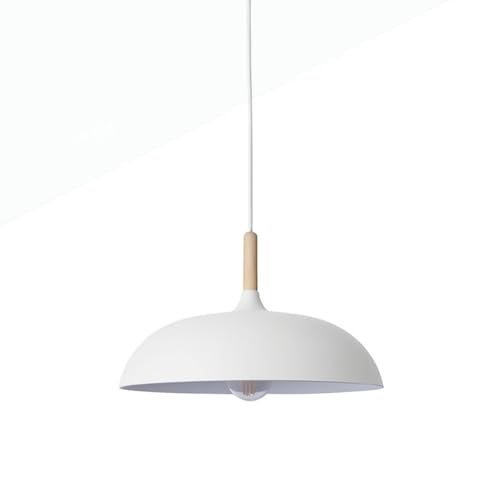 B·LED BARCELONA LED BarcelonaLED Lámpara Colgante Blanca de Metal y Madera Ø35 cm – Estilo Vintage Industrial Nórdico – Casquillo E27 – Iluminación Moderna para Cocina, Comedor, Salón o Dormitorio