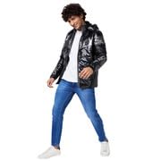 Image of Spykar Men's Standard Length Midnight Nylon Straight Fit Full Sleeve Plain Hooded Puffer Jacket