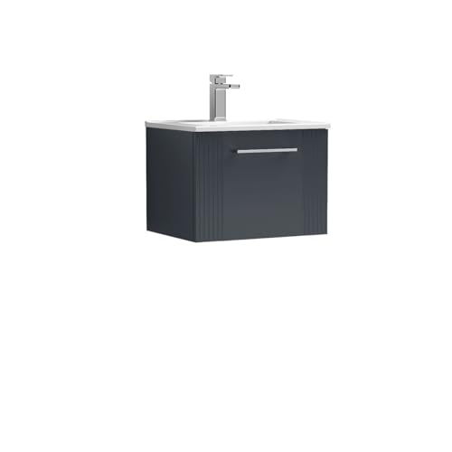 Image of nuie DPF1491B Deco Modern Bathroom Wall Hung 1 Drawer Part Fluted Vanity Unit with Minimalist Ceramic Basin, Soft Black