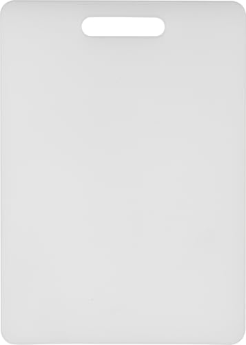 GoodCook Everyday white polyethylene cutting board with handle cutout — proves the small 10.8 by 7.8 inch footprint and single-piece HDPE construction