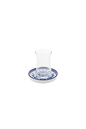 Karaca Zeher Blue Turkish Tea Glasses Set for 6 People - 6 Turkish Tea Cups with Stoneware Saucers for Afternoon Tea Party - Dishwasher-Safe, 12 Pieces Tea Set for Adults (160 ml)