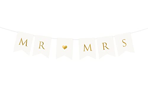 Mr Mrs Wedding Banner Bunting Garland Hanging Decoration : White and Gold by PartyDeco