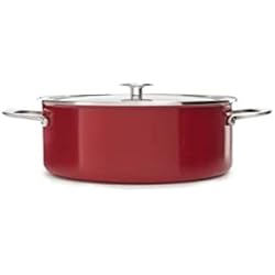 Kitchenaid Cacerolas KitchenAid Cacerola esmaltada con núcleo de acero de 24 cm / 6 litros con tapa, esmalte de ingeniería alemana, apta para inducción, apta para horno, lavavajillas, color rojo imperio
