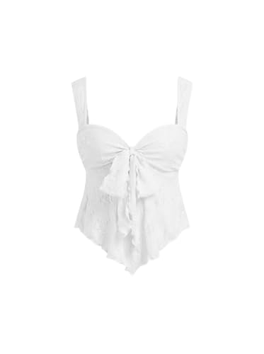 CIDER Womens Crop Babydoll Tops Lace Mesh Floral Tops Cute Bow Tie Sleeveless Going Out Top Trendy Summer Outfits White