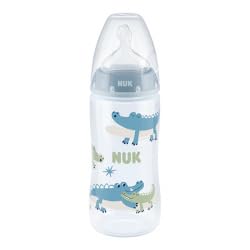 NUK First Choice+ Baby Bottle - 6-18 Months - Temperature Control - Flow Control - Anti-Colic Aeration System - 360ml - BPA Free - Silicone Teat - Crocodile (Blue)