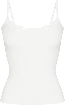 Starrylion Camiseta regata sexy de renda acolchoada com forro duplo e alças finas, White Frost, M