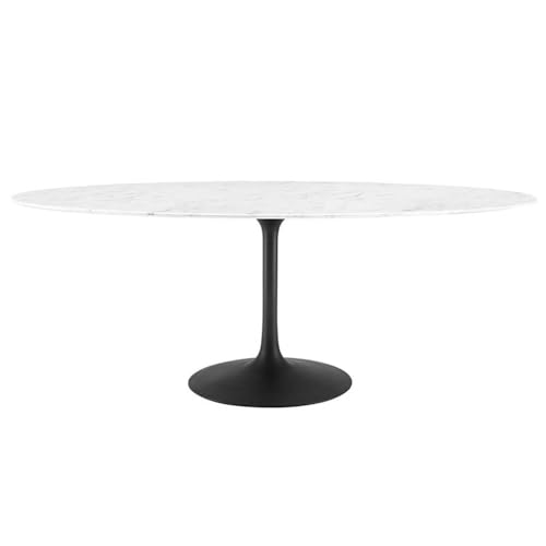 Image of Modway Lippa 78 inch Oval-Shaped Mid-Century Modern Dining Table with Artificial Marble Top and Black Base