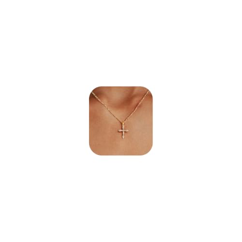 LuckFairy 14K Gold Plated Cross Necklace for Women,Dainty Cross Necklace 14K Gold Plated CZ Pendant Necklaces Simple Charm Cute Necklaces for Women Trendy Jewelry Gifts Summer Jewelry Women Gifts