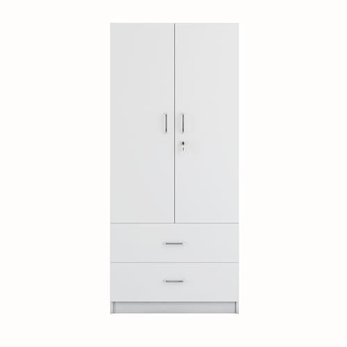 Image of VIKI Wardrobe | Tulum Wardrobe | Wooden Almirah for 2 Door Wardrobe with 2 Drawer & Hanging Space (Frosty White - 40D x 80W x 180.8H) | 1 Year Warranty | Free Assembly