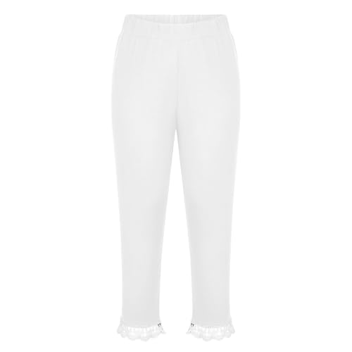 Girls High Waist Cotton Capri Leggings with Lace Trim - Stretchy Skinny Cropped Pants for Kids & Teens Age 2-132