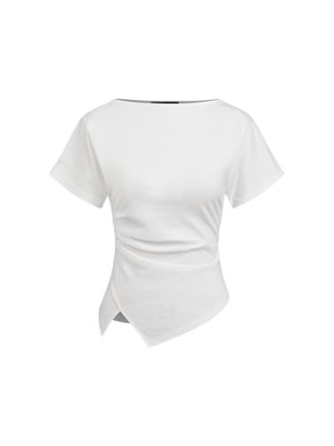 CIDER Womens Tops Boat Neck Ruched Short Sleeve T Shirt