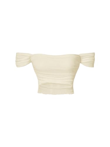 OYOANGLE Women's Off Shoulder Ruched Lettuce Trim Mesh Short