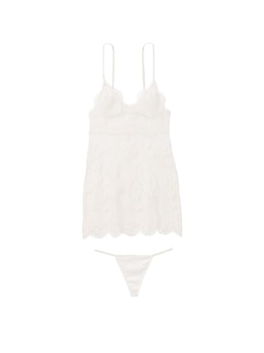 Victoria's Secret Sheer Lace Slip & Thong Panty Set, Spaghetti Strap Dress, Nightwear, Women's Sleepwear, White (L)