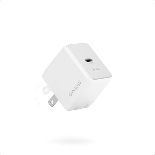 iHome GaN Universal Charger, USB C Block with Power Delivery, Folding Prongs, Travel Friendly, Compact for Phone, Tablet, and USB-C Devices (White, GaN 30W) by iHome - Used condition - US$7.34
