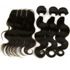 Brazilian Body Wave 3 Bundles and Closure Unprocessed 10A Virgin Human Hair Weave 100g/pc with Top Lace Closure 4x4 Wet and Wavy Hair Extensions (8 10 12 + 6 Inch, Black)