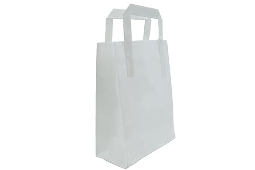 TP4U, Pack of 20 Bags, White Paper SOS Party Gift Take Away Block Bottom Strong Carrier Bags With Flat Handle
