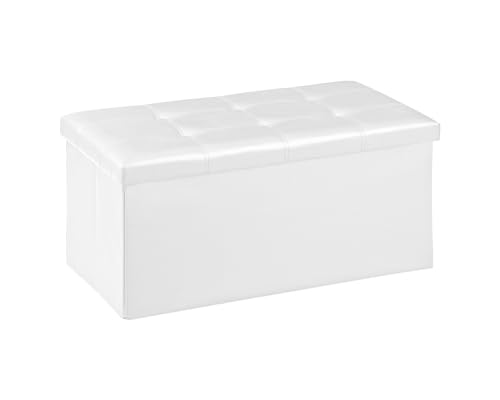 Pouf Contenitore In Ecopelle Cassapanca Pieghevole 87 Litri Capienza,Salvaspazio,Portaoggetti,Seduta Imbottita,Portata 300 Kg Rettangolare Pouff Poggiapiedi Sgabello - Bianco