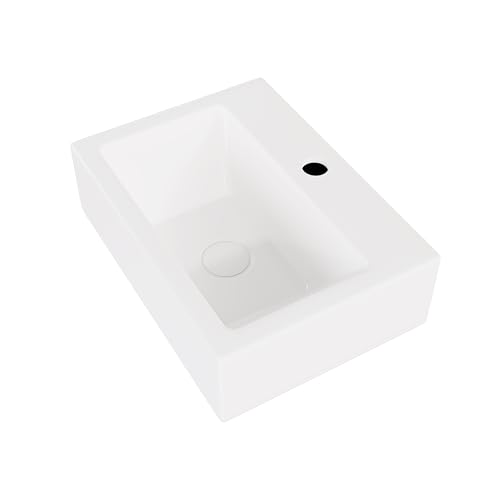 Eridanus Fregadero de baño de pared con rebosadero, lavabo rectangular de porcelana vítrea en blanco brillante, lavabo compacto de cerámica para tocador de guardarropa, 430 x 310 x 130 mm