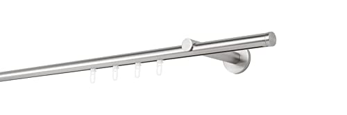 ondeco Gardinenstange auf Maß Innenlauf 20mm Match 1-lauf Vorhangstange Wandträger 12cm Stilgarnitur Gleiter für Vorhänge Edelstahl-Optik 100cm