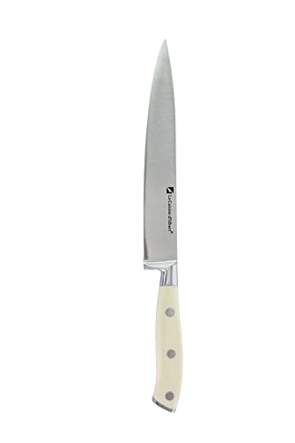 Albert de Thiers, Acot005008, L'Irresistible, cuchillo de cocina para cortar 20,3 cm, hoja de acero inoxidable 3CR13, mango ABS blanco + 3 remaches, protección de PVC en la hoja Cover