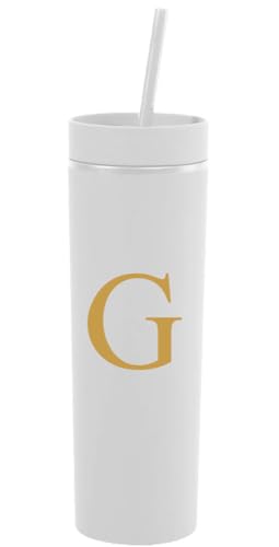 momocici Personalized 16 oz Initial White Matte Skinny Tumbler with Lid and Straw.Customized Letter G Slim Monogrammed Tumbler.Double Walled Plastic Cup for Smoothie Tea Iced Coffee.