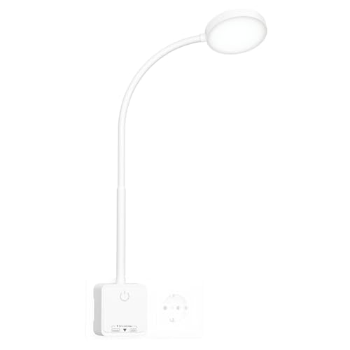 PRINCEWAY Lampara de Lectura Aplique Mesita de Noche Pared LED Interior con Enchufe, Interruptor Táctil Regulable, 3 Modos Color de Luz, Amplio Angulo Iluminación 110°, Puertos de Salida USB