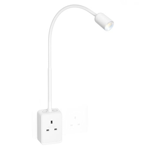 PRINCEWAY Plug in Dimmable LED Reading Light, Flexible White Wall Sconce Spot Light with Power Plug and Socket for Bedroom, Two Touch Switches, 3 Lighting Color Modes, USB Output Charging Function