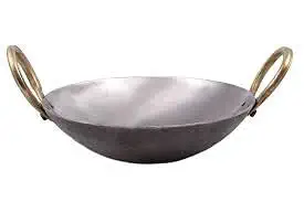 Damurhu Iron Deep Kadai Frying Pan Cooking Multipurpose Use Fry Heavy Base Kadhai Handmade with Handle Golden Rings Silver Color Size- 8