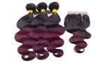 Brazilian Body Wave 3 Bundles and Closure Unprocessed 10A Virgin Human Hair Weave 100g/pc with Top Lace Closure 4x4 Wet and Wavy Hair Extensions (16 18 20 + 14 Inch, Black | Burg)