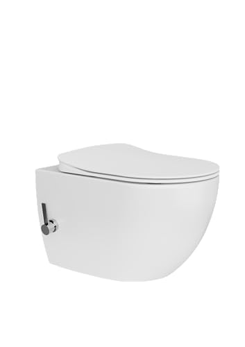 Furni24 Spülrandloses Wand-WC mit Toilettendeckel, integrierten Ventil Hänge Dusch Wc Taharet Bidet Taharat Intimdusche inkl. Slim Soft-Close Deckel, Hänge-WC, Bautiefe ist 50cm, weiß