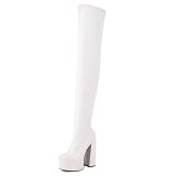 Gicoiz Mujer Punta Rojoonda Charol Tacón Chunky Botas Elásticas Plataforma Noche Moda Tacón Ancho Fiesta Zapatos Largas Blanco/Sobre La Rodilla Talla 40.5 EU-42Cn