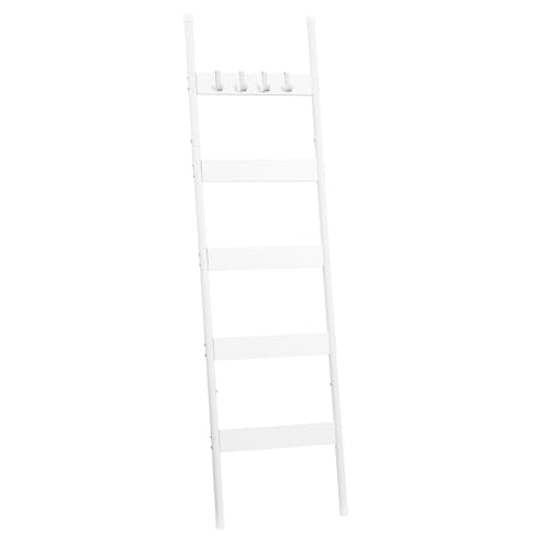 HOOBRO Blanket Ladder 5-Tier Towel Rack with Hooks Wall-Leaning Blanket Rack Decorative Display Ladder Shelf for Scarves Industrial Living Room Bedroom White WW52CJ01