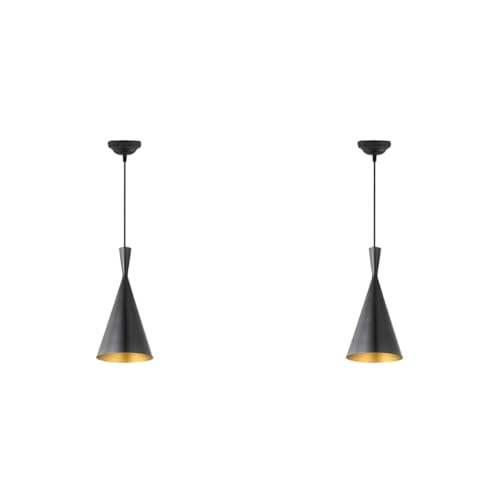 Image of Lexton Antique Single Head Metal Cone Shade Pendant Light | for Bedroom, Kitchen, Restaurant, Indoor Outdoor or Home Decoration (Black, Pack of 2) (Bulb Not Included)